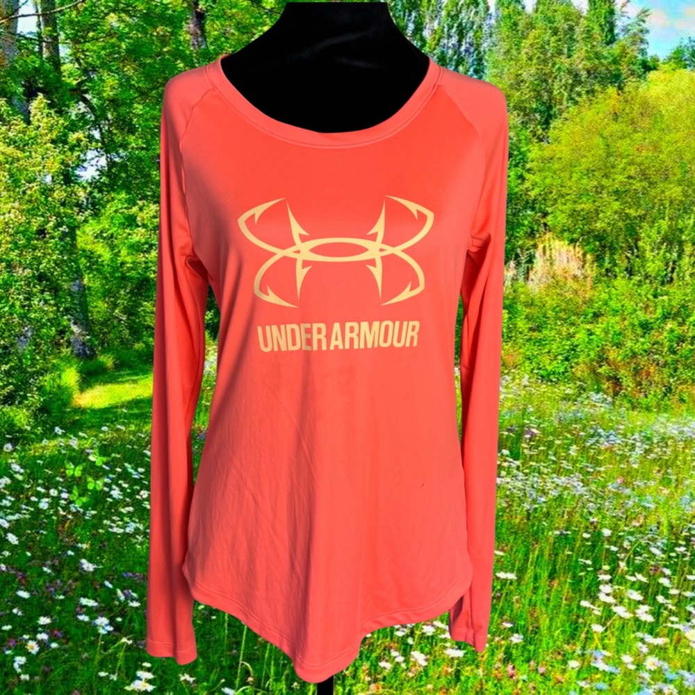 UNDER ARMOUR Fitted Heat Gear UPF 30 Orange Long Sleeve Fishing Shirt Size M